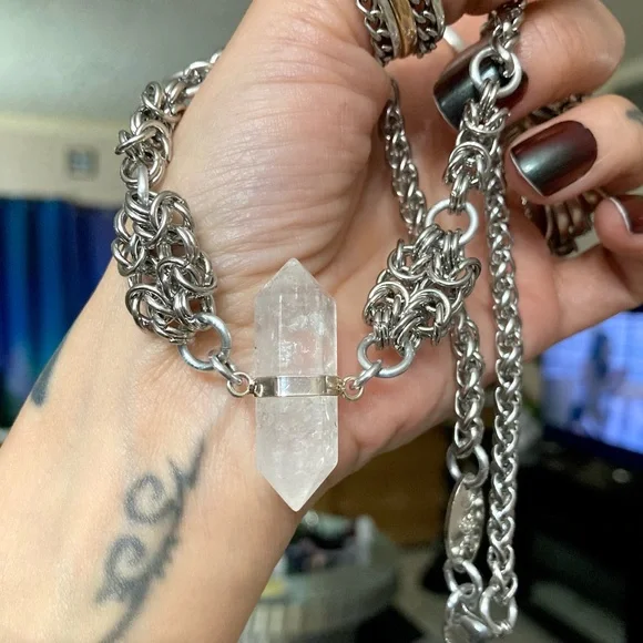 Genuine Double point clear crystal quartz maille silver boho choker necklace . - Picture 10 of 11
